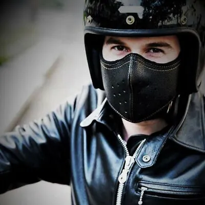 PU Leather Mask Riding Motorcycle Biker Half Face Mask Windproof Sports Black • £7.99