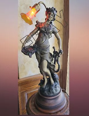 L & F Moreau Large Nouveau Figural Lady Spelter Newel Lamp W/ Aurene Shade • $825