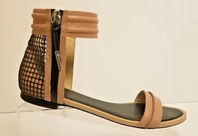 L.A.M.B Women Shoes Black Nude Beige Leather Flats Ankle Strap Sandals Size 9 M • $89.99