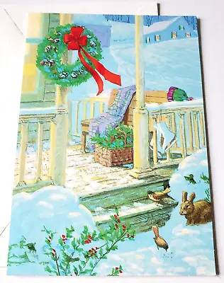 Vintage Christmas Card Snowy Front Porch With Wreath Birds Bunny At Nighttime • $1.50