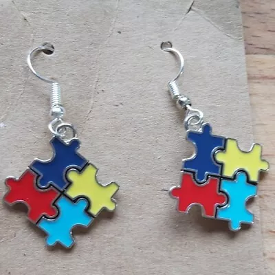 Autism Awareness Silver Tone Earrings Jigsaw Puzzle Shape Dangle Colourful Gift • $7.47