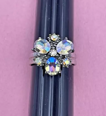 Vintage Aurora Borealis Rhinestone Silver Metal Crystal Ring 8.5 Adjustable • $9.60