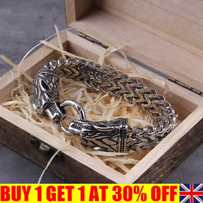 £9.60 • Buy Men's Stainless Steel Viking Wolf Fenrir Head Wolves Head Bracelet Bangle Dz