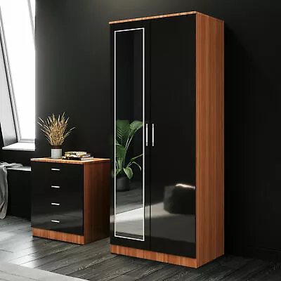 High Gloss 2 Door Wardrobe With Mirror Black&Walnut Bedroom Furniture Storage  • £142.99