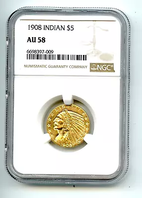 1908 $5 Indian Head Gold Coin AU-58 NGC RARE GOLD!! LOOKS UNCIRCULATED! NO RES! • $691