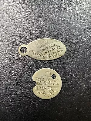 Lot Of 2 Vintage Metal Identification ID Tags R McDonald Sacramento Fresno CA • $14.97