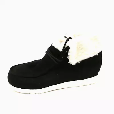 Womens Boot Black Faux Suede Lace Up Ankle White Fleece Cuff & Lining EUR 39 NEW • $14