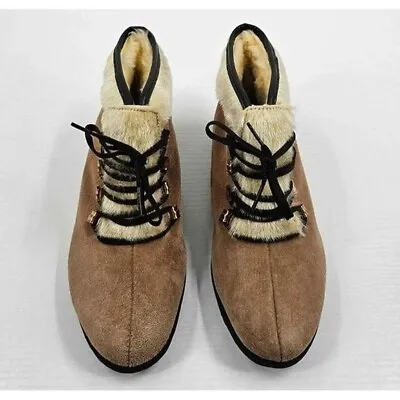 VTG Hush Puppies Suede Leather Faux Fur Fleece Lined Tan Lace-up Ankle Boot 5.5M • $20.89