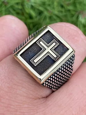 Mens 14k Gold Plated Solid 925 Sterling Silver Christian Cross Ring Oxidized • $54.16