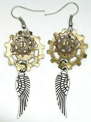 Steampunk Earrings Wings Gears Dangle Hooks Nickel Free Punk Jewelry Handmade • $4.98