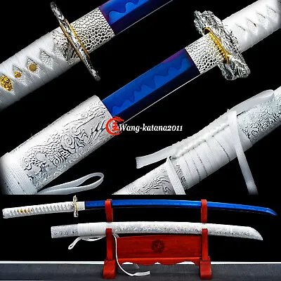 Elegant White Katana Blue T10 Carbon Steel Battle Ready Japanese Samurai Sword • $97.99