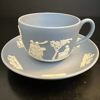 Vintage Wedgwood Jasperware Tea Cup & Saucer Pale Blue & White Neoclassical • $29.99