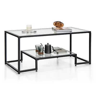 Glass Coffee Table Modern Rectangular Coffee Table Metal Frame For Living Room • $94.98