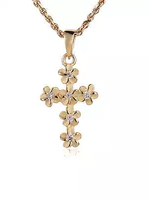 Yellow Silver 925 Hawaiian Plumeria Flower Cross Pendant Cz 11mm Small • $12.99