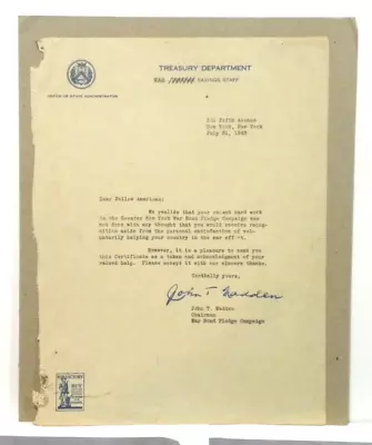 VTG July 1942 US Treasury Department Letter - War Bond Pledge Campaign New York • $25