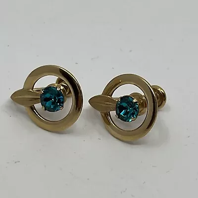 Vtg. Estate Signed Van Dell 12k Yellow Gold Filled Earrings Turquoise Rhinestone • $18