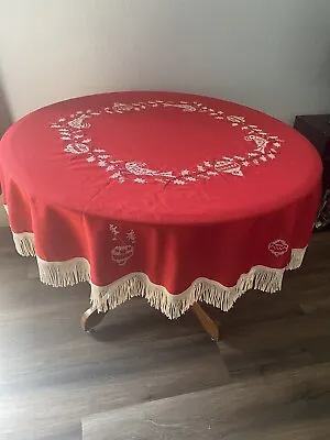 $25 • Buy Vintage Christmas Hand Stitched Round Tablecloth, Red With White Fringe