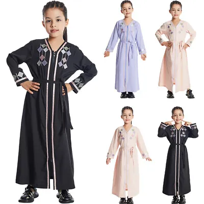 Muslim Kids Girls Zipper Kaftan Abaya Islamic Girls Long Dress Abaya Robe Party • £15.99