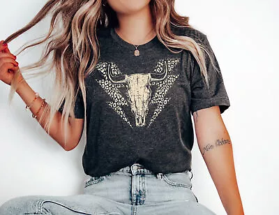 Leopard Print Cow Skull Cowgirl Shirt Cow Skull Lightening • $17.99