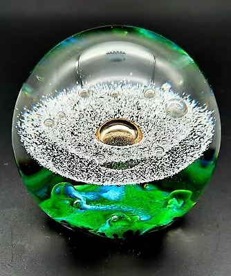 £38.95 • Buy Large Beautiful Signed Hand Blown Selkirk Glass Paperweight Green Blue Gold Vgc