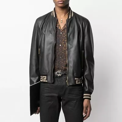 VERSACE A818901L00176 Greca Motif Nappa Leather Bomber Jacket Blouson Black 50 L • $2200