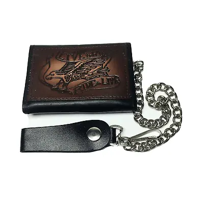 Vintage Biker Trifold Wallet With Chain Black Brown Tooled Leather Live To Ride • $28.99