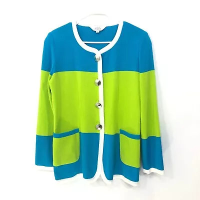 Exclusively Misook Blue Green Color Block  Button Up Sweater Cardigan Size Small • $26.76