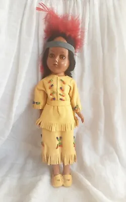$19.99 • Buy Native American Indian Doll Vintage Blinking Sleepy Eyes Leather Beaded Feather 
