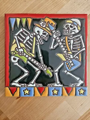 Earthtones Day Of The Dead Dia De Los Muertos HandGlazed Tile Guitar Players 6x6 • $14.50