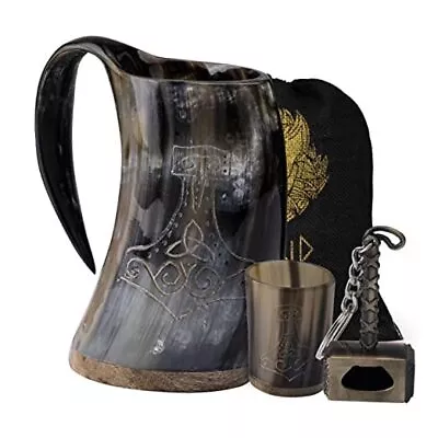 Viking Drinking Ox Horn Mug For Beer With Shot Glass And THOR SHINE POLISHED • $53.98