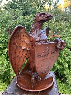 19 C. Carved Figural Oak Eagle Newel Post Finial W/ UK Boar Head Coat Of Arms • $2248