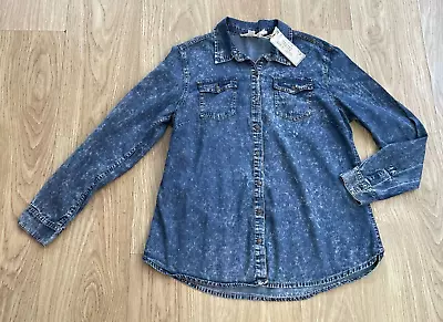 Bnwt Size 14 Acid Wash Marbled Dark Blue Denim Shirt With Breast Pockets • £7.99