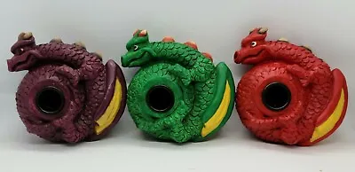 $25 • Buy Vintage Dragon Candle Holder Set (Adams Apple) Red, Green, Purple Made In 2000