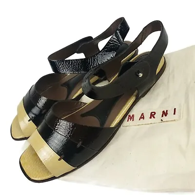 MARNI Colorblock Patent Leather Flat Sandals Black Brown Yellow  • $99.60