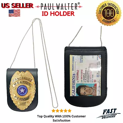 Genuine Leather Officer Lanyards & Badge ID Holders Black Unisex Security Weapon • $18.99