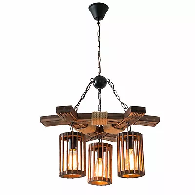 3-Light Chandelier Wooden Pendant Island Light Rustic Farmhouse Ceiling Lamp NEW • $58.90