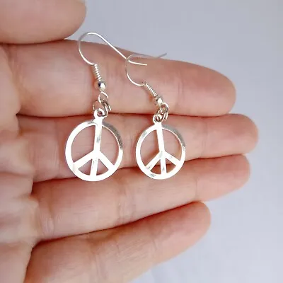 Peace Symbol Earrings Silver-plated Metal 1.7 Cm Sign Hippy 60s 70s Festival Fun • £3.95