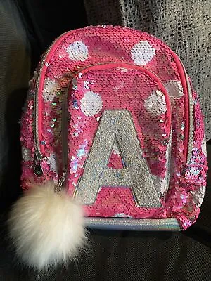 Justice Initial Monogram A Mini Backpack Purse Pink Silver Sparkle Flip Sequins • $10