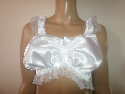 White Satin Sissy  Camisole Bra Top 35-50 Bust Satin Bows Lace Trim • £9.99