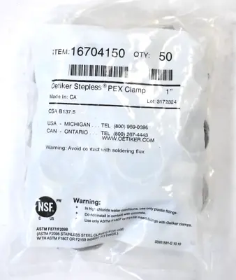 Oetiker Stepless 1  PEX Clamps 50 Pack 16704150 Conforms To ASTM F877/F2098 • $24.99