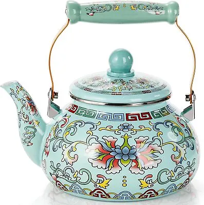 2.6 Quart Vintage Enamel Tea Kettle Large Enameled Floral Teapot Flower Enamel • $32.98