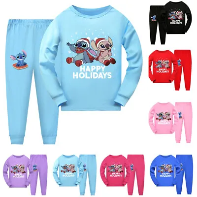2Pcs Kids Girls Stitch Christmas Pyjamas Loungewear Nightwear Outfits PJs Set UK • £5.99