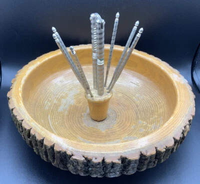 $55 • Buy Vintage Wood Log Bark Nut Bowl W/ Hmq Nut Cracker & 4 Picks Rustic Decor Set