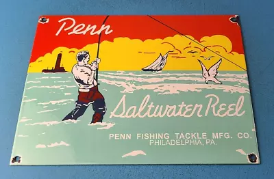 Vintage Penn Saltwater Reels Sign - Fishing Gas Service Pump Porcelain Sign • $138.37