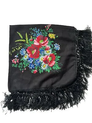 Russian Babushka  Country Style Wool Scarf Rose Fringe • $69.99