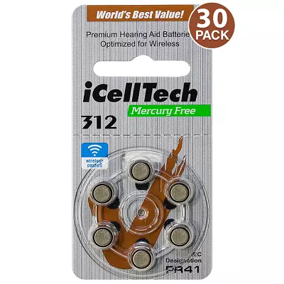 ICellTech Size 312 Hearing Aid Batteries PR41 P312 MF Zinc Air 1.45V (30 Pack) • $9.96