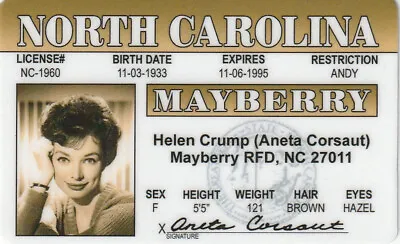 North Carolina Mayberry RFD Andy Giffith Show HELEN  ID Card Drivers License • $8.96