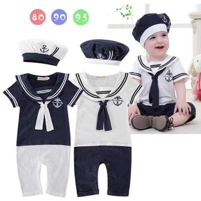 Baby Boys Sailor Navy Romper Hat Set Suit Grow Outfit Costume Clothes Outfits • £10.80