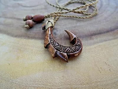 Genuine Koa Wood Hawaiian Fish Hook Maori Hei Matau Pendant Adjustable Choker • $15.75