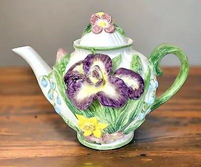 Vintage 1994 Fitz And Floyd Floral Iris Spring 48oz Teapot Hand Painted Decor • $27.88